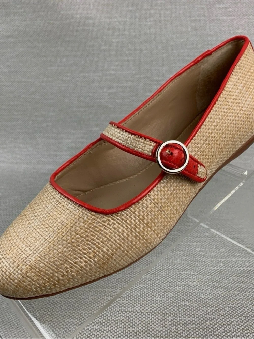 ANTONIO MELANI Natural Raffia Mary Jane Flats with Coral Trim
